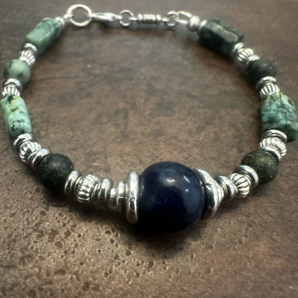 Silver and Green African Turquoise Beaded Bracelet
